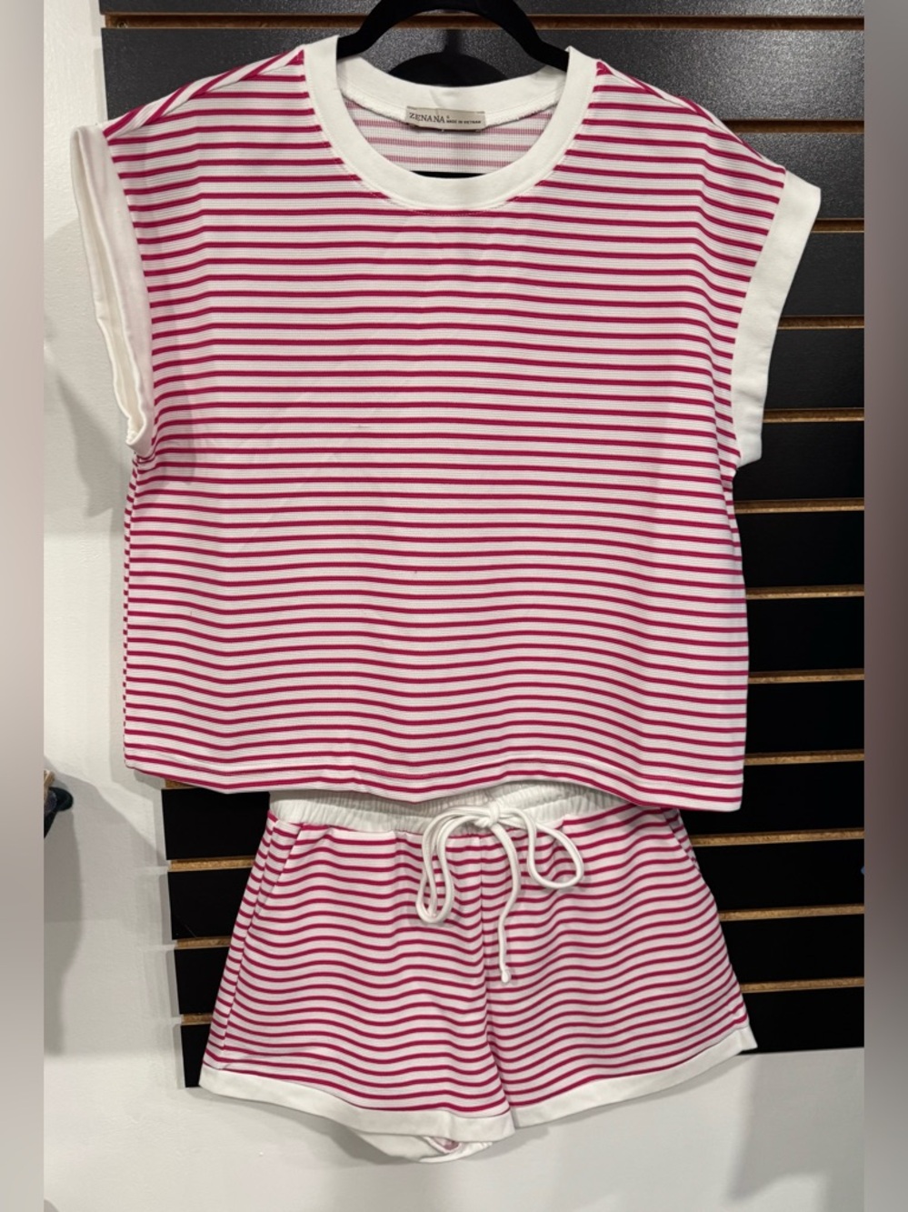 Zenana Outfitters Hot Pink and White Striped Short Set - Picture 2 of 2